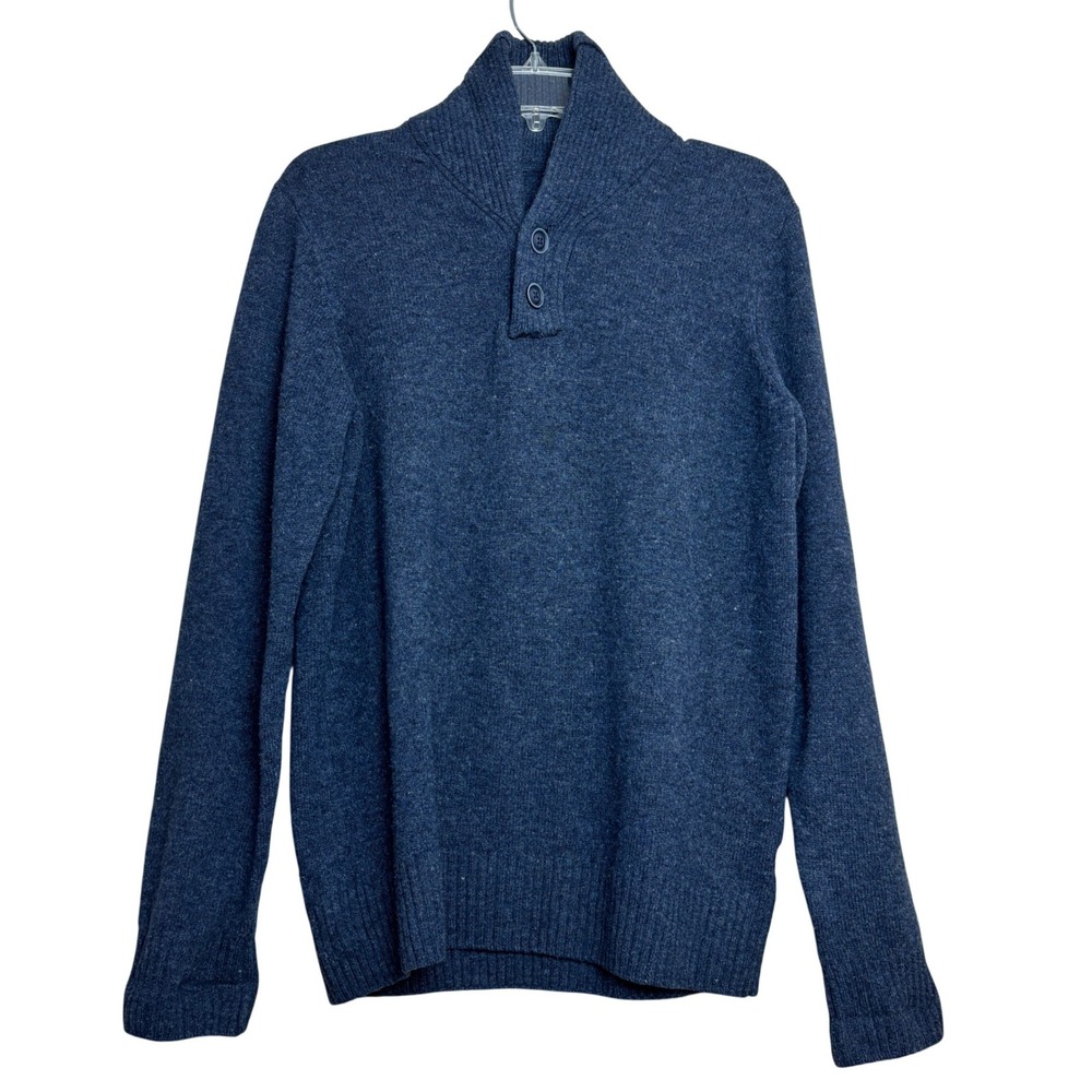 Pronto Uomo Mens Blue 100% Wool Shawl Collar Button Pullover‎ Sweater M Preppy